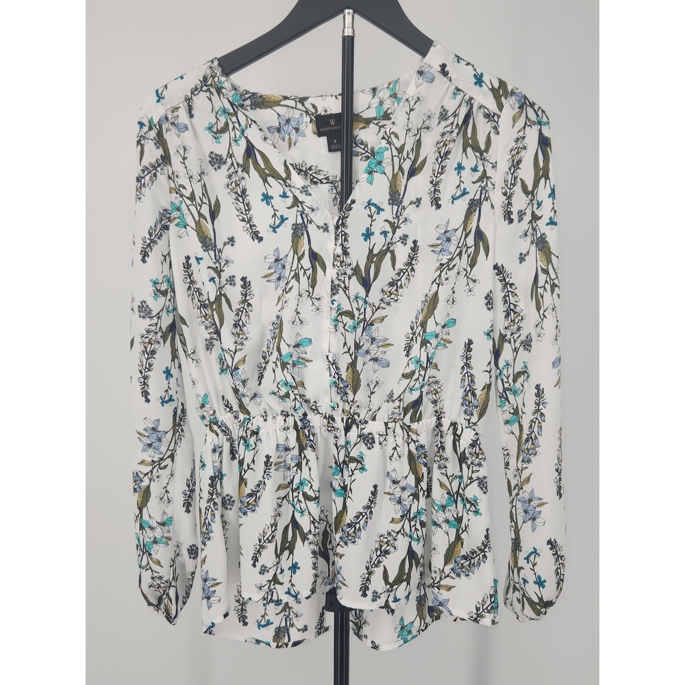 Worthington Womens Floral Peplum Blouse White Blue Green Long Sleeve V-Neck S